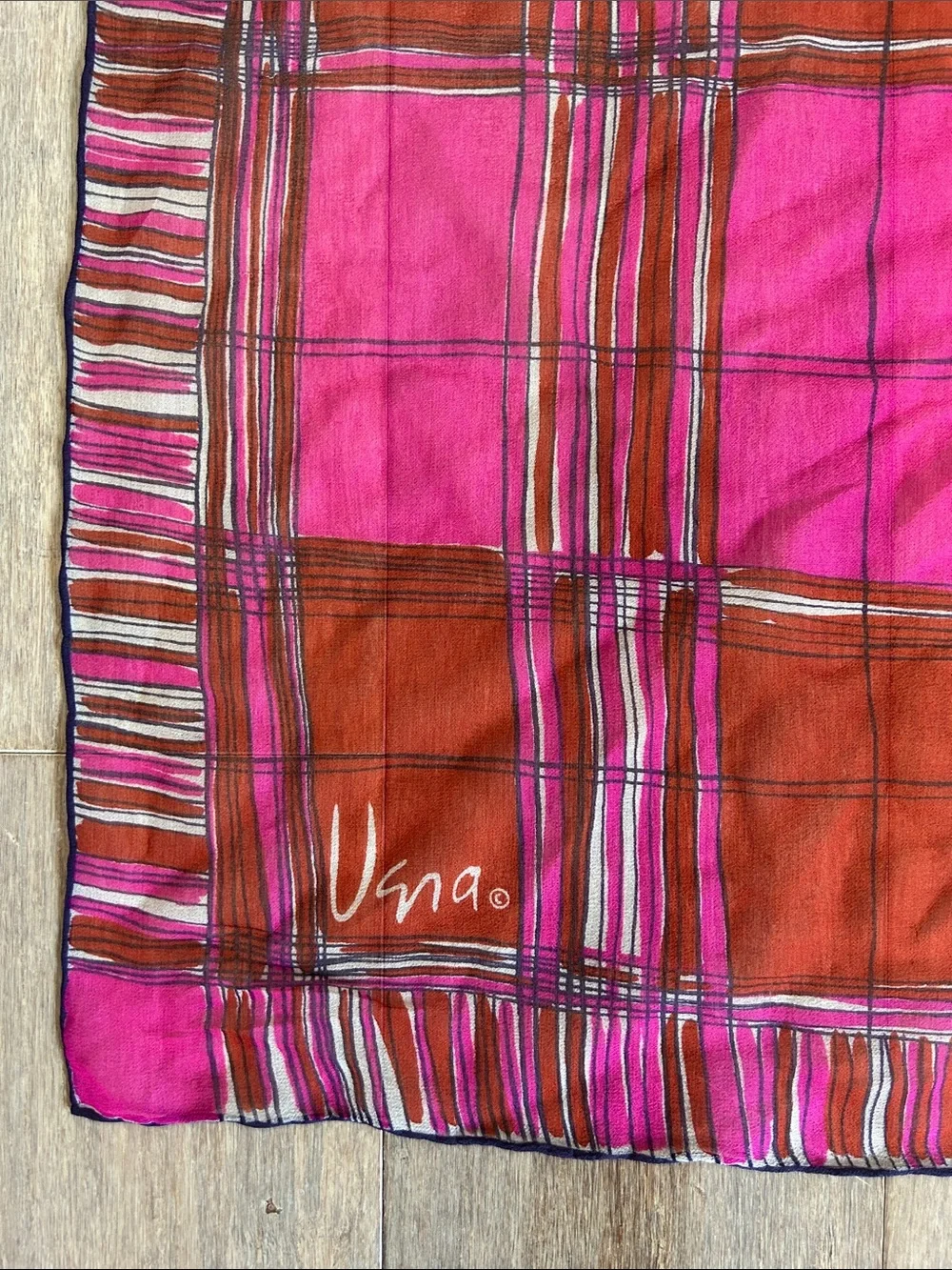 Ugna silk chiffon Vibrant Pink & red Plaid Square Scarf printed look rolled hem